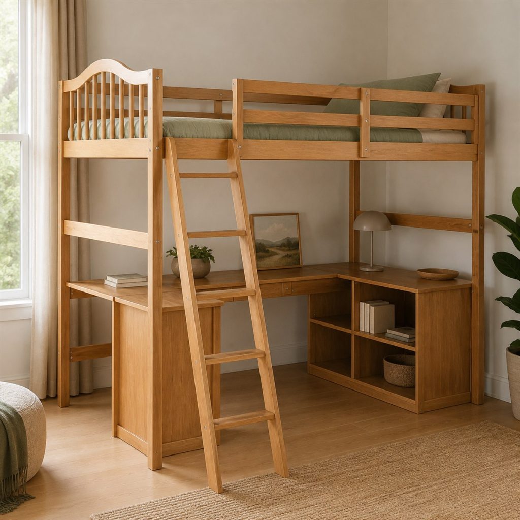 Espresso Bunk with Compact Drawer Base shown in a square photorealistic small bedroom bunk bed frame visualization