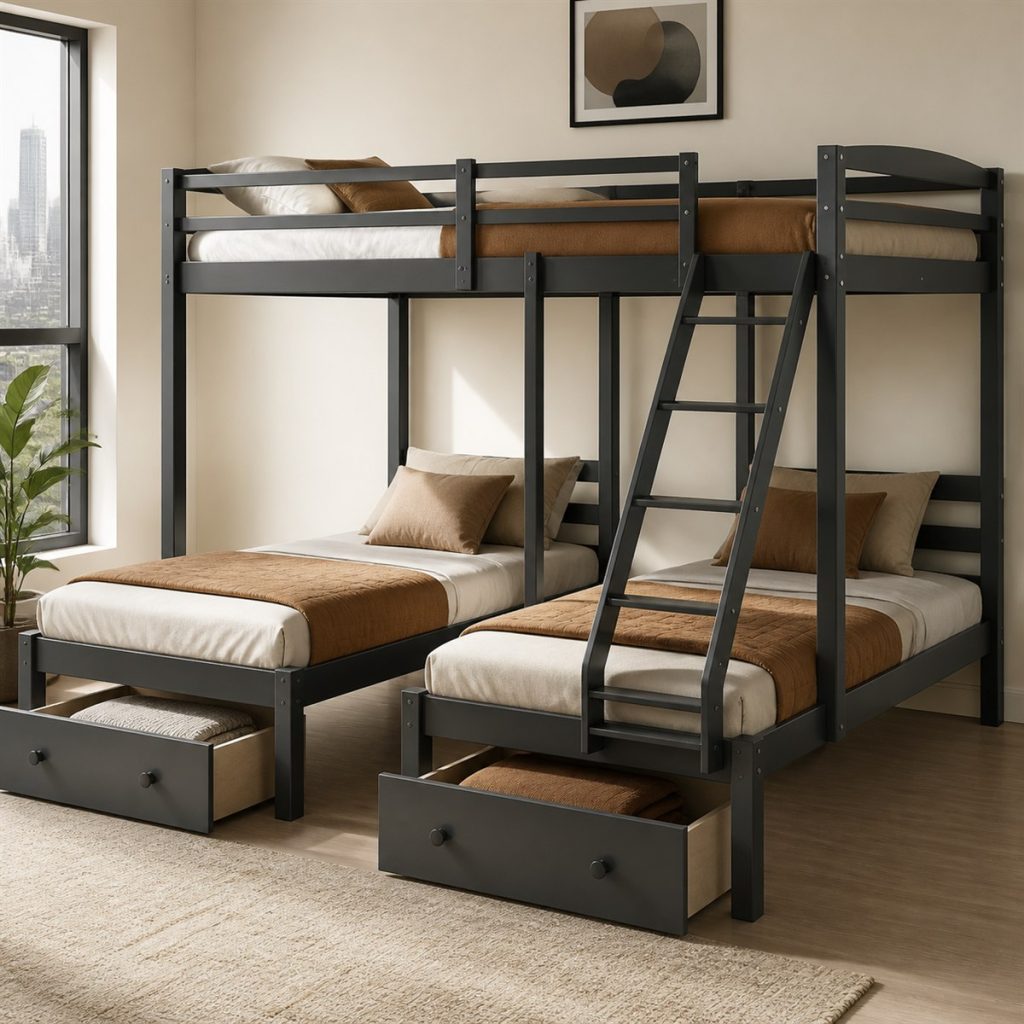 Black Metal Loft for a Small Teen Room shown in a square photorealistic small bedroom bunk bed frame visualization