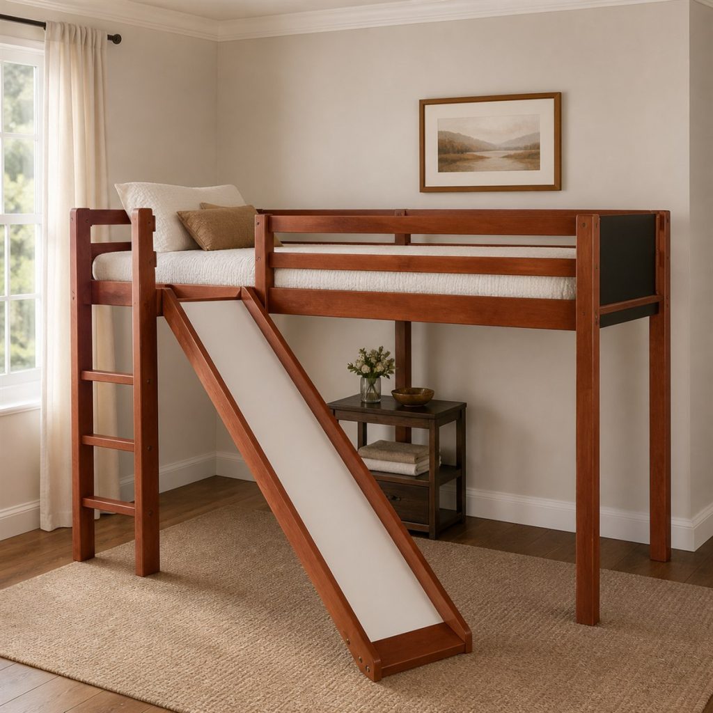 Natural Wood Twin-over-Full Layout shown in a square photorealistic small bedroom bunk bed frame visualization