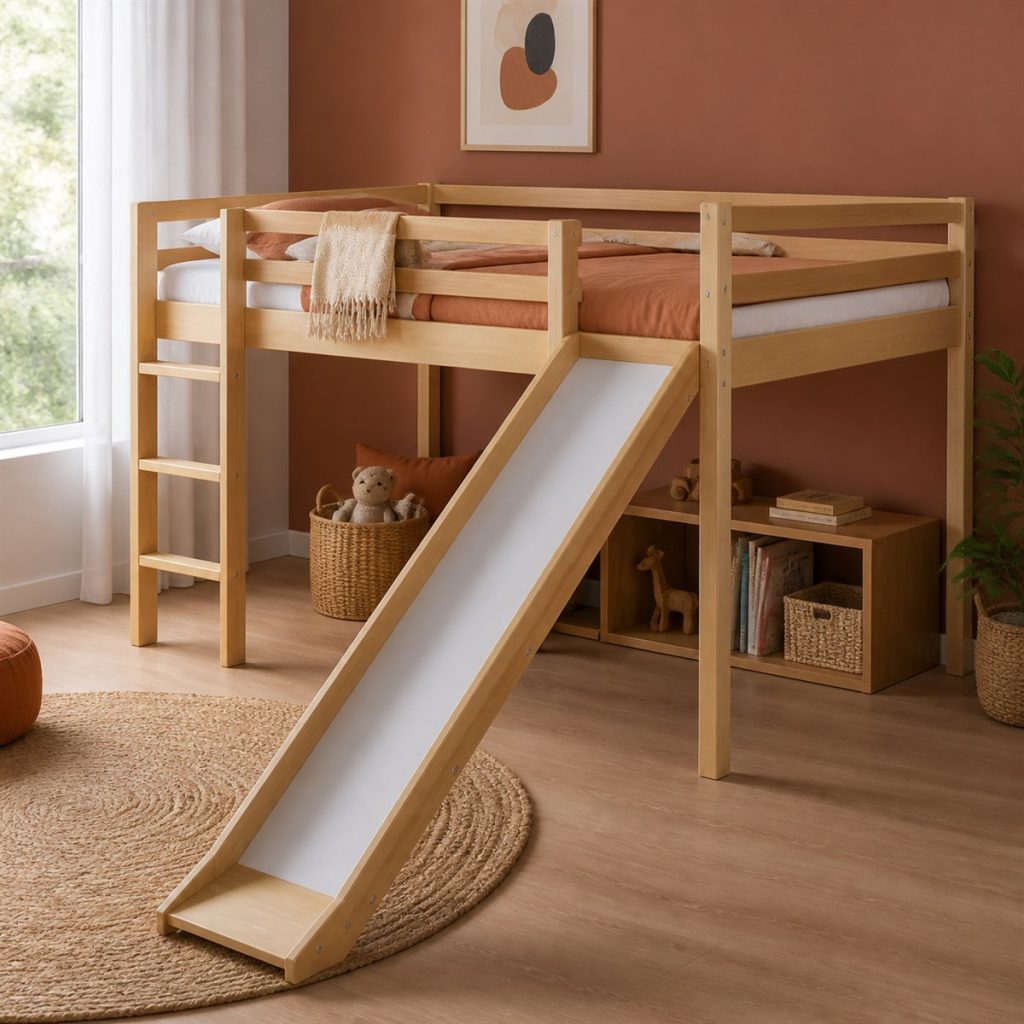 Soft Gray Bunk with Shelf End shown in a square photorealistic small bedroom bunk bed frame visualization