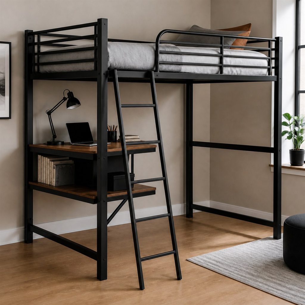 Walnut Loft with Corner Desk shown in a square photorealistic small bedroom bunk bed frame visualization