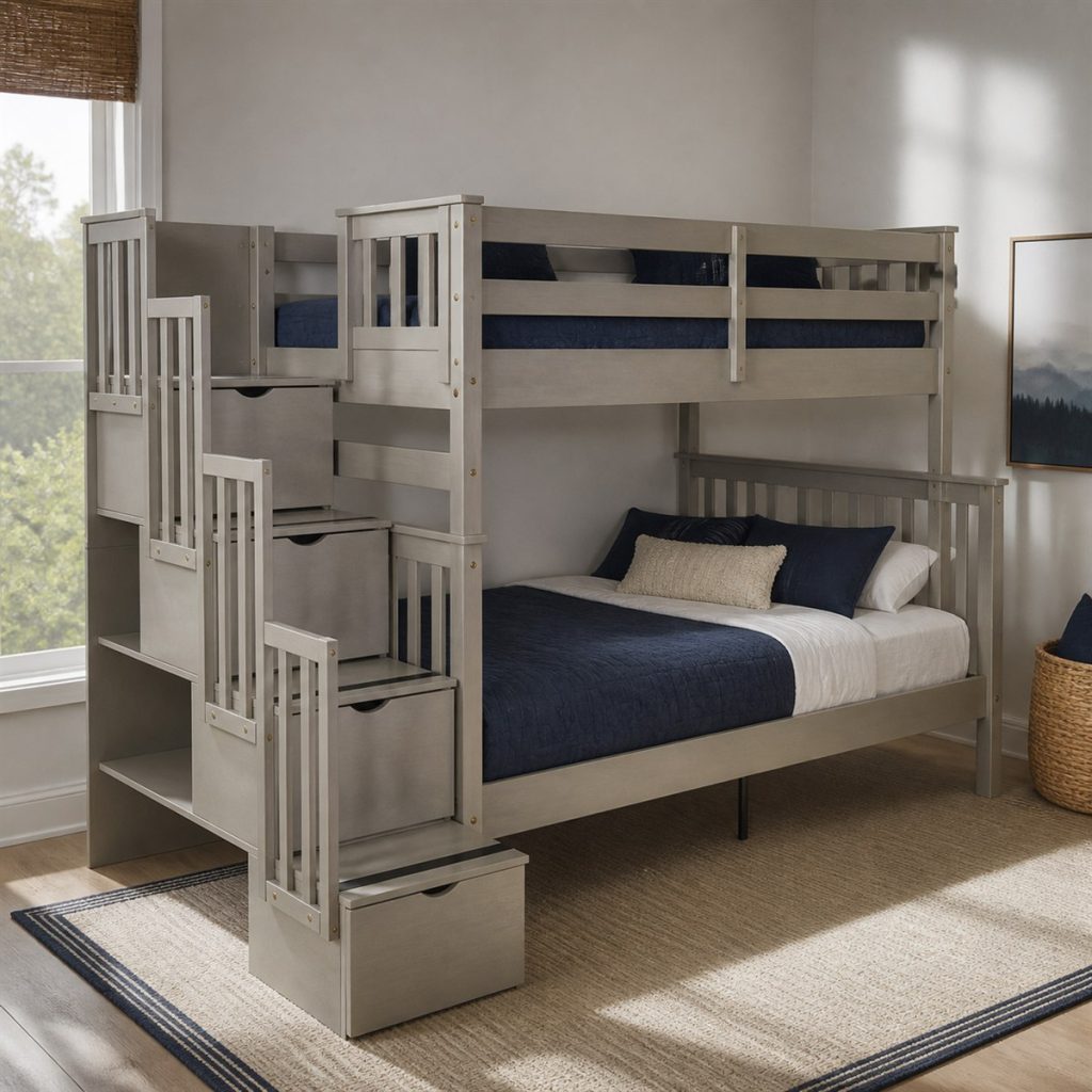 Two-Tone Bunk with Guest Trundle shown in a square photorealistic small bedroom bunk bed frame visualization