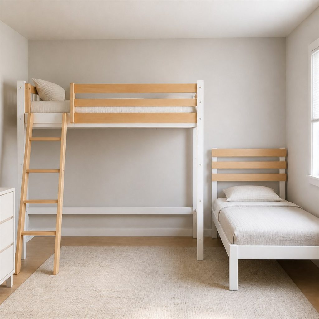 Minimal Pine Bunk with Angled Ladder shown in a square photorealistic small bedroom bunk bed frame visualization