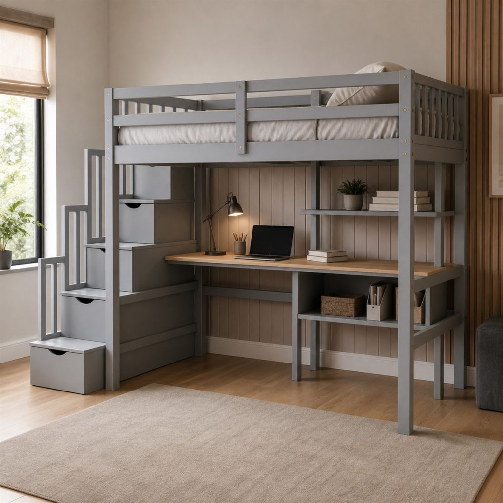White Loft Desk with Guest Trundle shown as a square photorealistic bunk bed with desk and trundle visualization