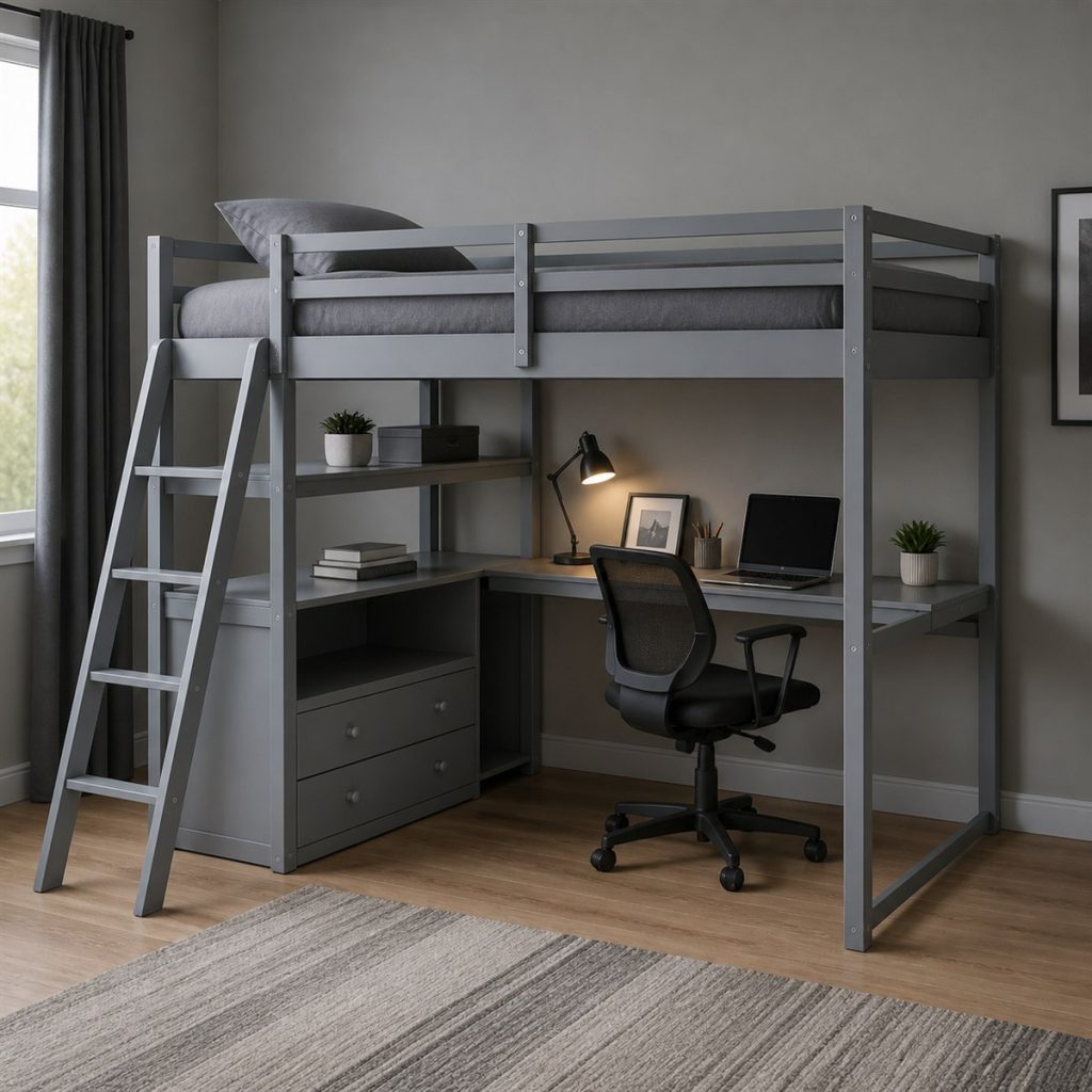 Oak Bunk with Pull-Out Trundle Bed shown as a square photorealistic bunk bed with desk and trundle visualization