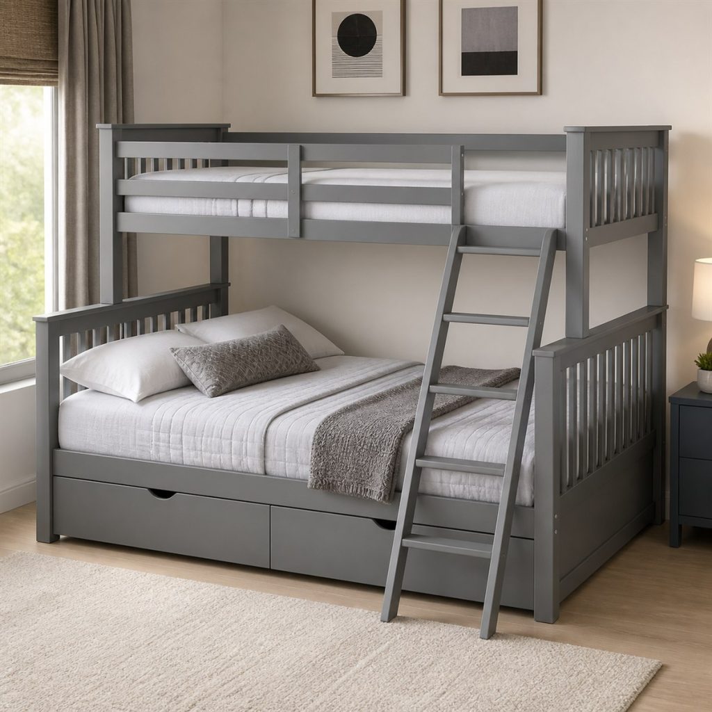 Black Metal Loft with Corner Desk shown as a square photorealistic bunk bed with desk and trundle visualization