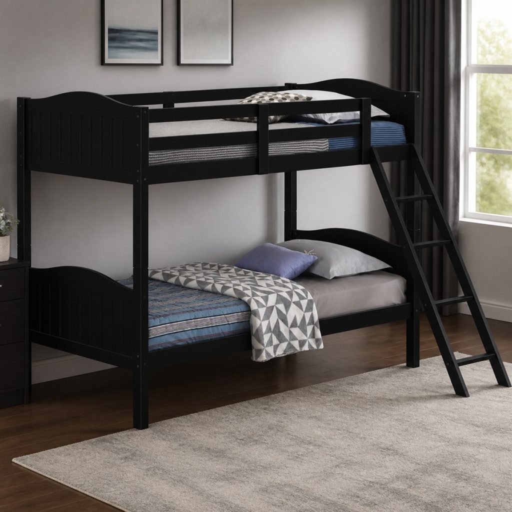 Gray Bunk with Desk and Drawer Base shown as a square photorealistic bunk bed with desk and trundle visualization