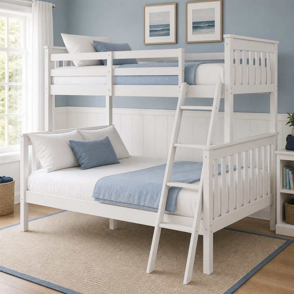 Walnut Loft with Bookcase Workstation shown as a square photorealistic bunk bed with desk and trundle visualization