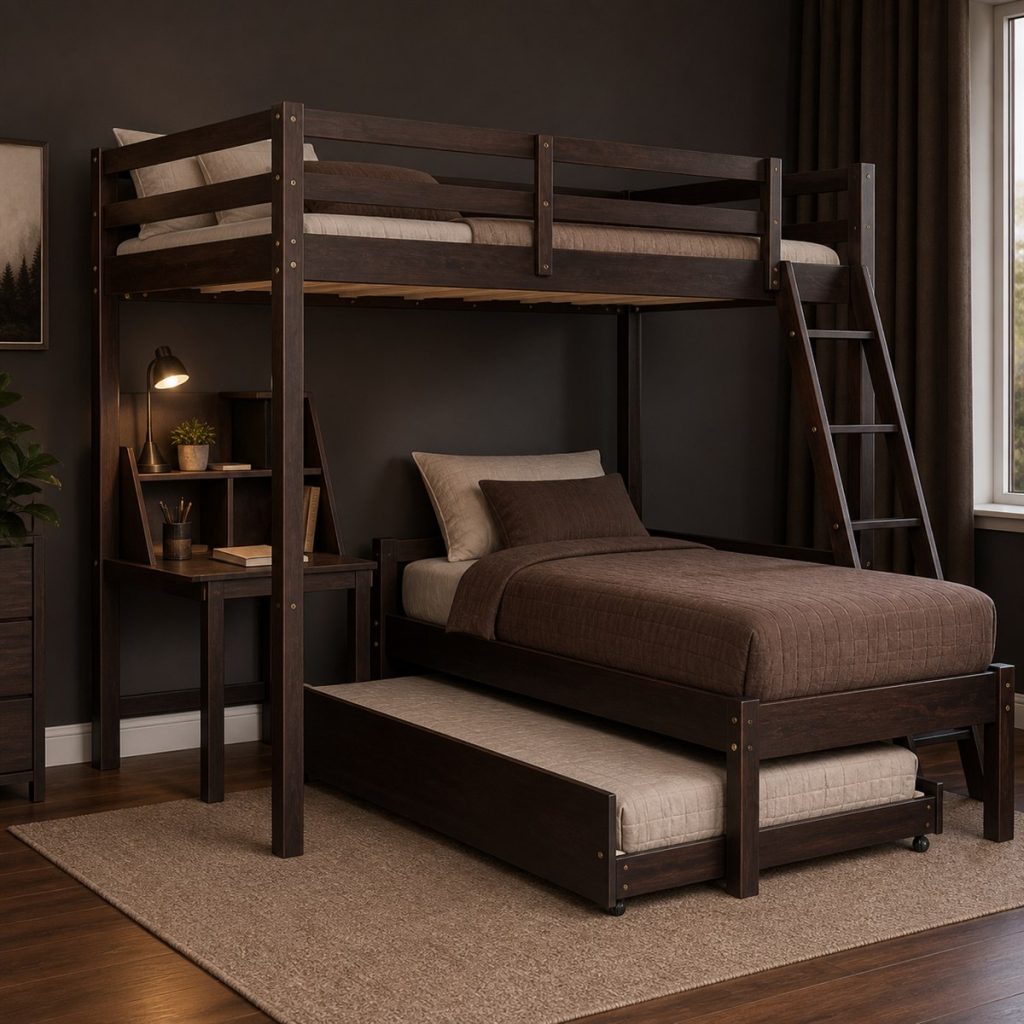 Natural Bunk with Twin Rolling Trundle shown as a square photorealistic bunk bed with desk and trundle visualization
