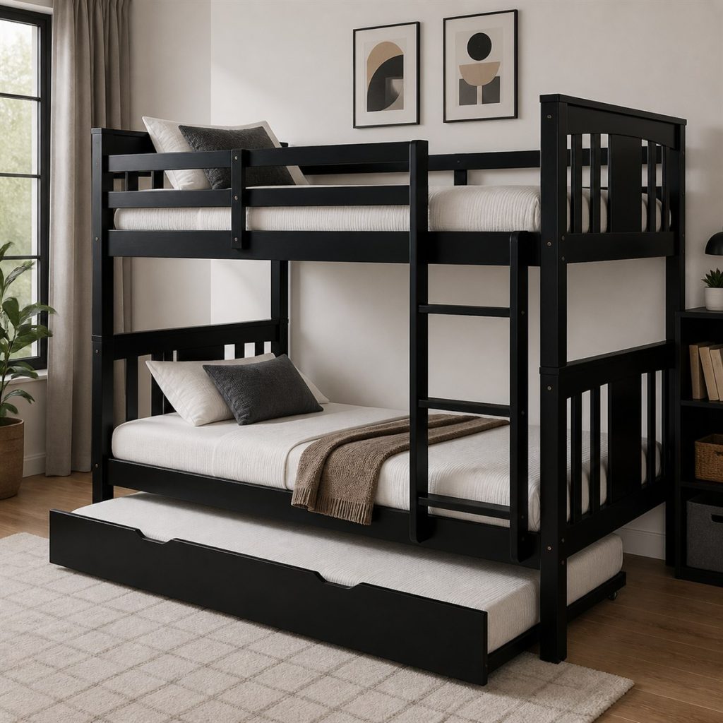 House Bunk with Compact Homework Desk shown as a square photorealistic bunk bed with desk and trundle visualization