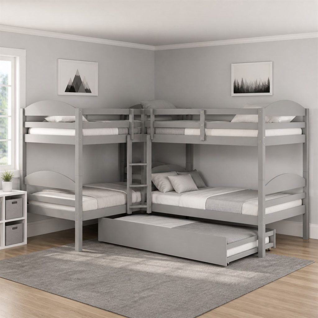 White Bunk with Trundle and End Shelves shown as a square photorealistic bunk bed with desk and trundle visualization