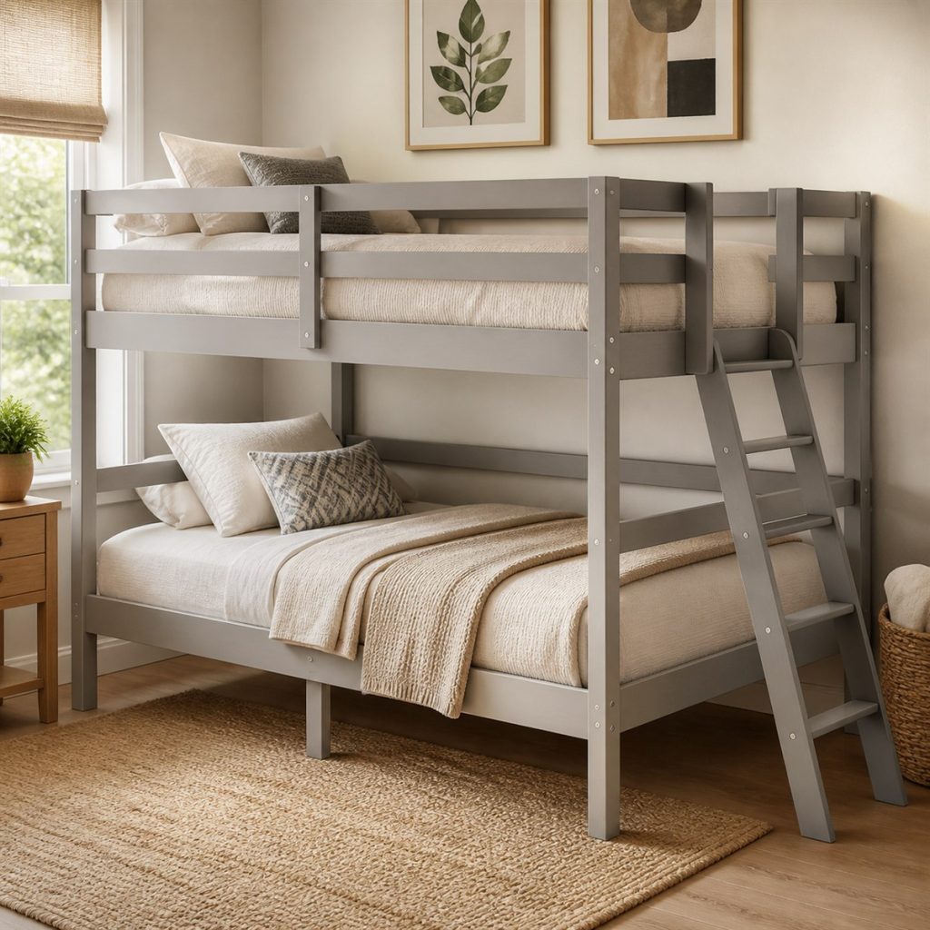 Light Gray Bunk with Twin Storage Drawers shown in a square photorealistic bunk bed drawer and trundle visualization