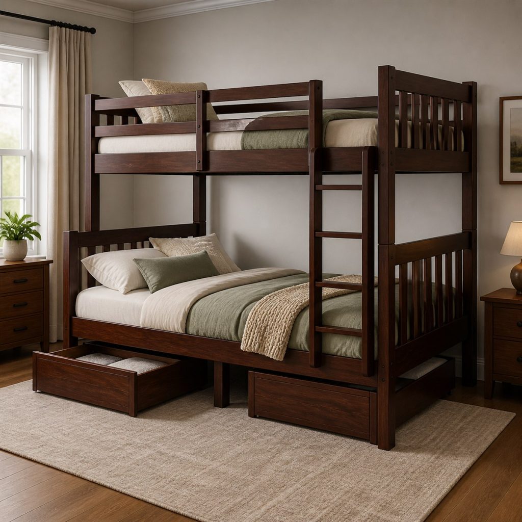 Walnut Bunk with Three-Drawer Base shown in a square photorealistic bunk bed drawer and trundle visualization
