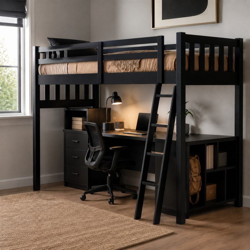 Black Loft with Desk Cabinet shown in a square photorealistic bunk bed drawer and trundle visualization