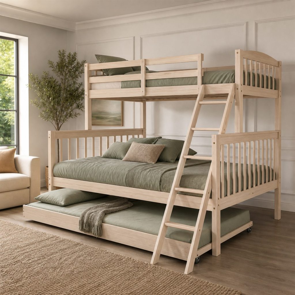 Natural Triple-Sleeper with Guest Trundle shown in a square photorealistic bunk bed drawer and trundle visualization