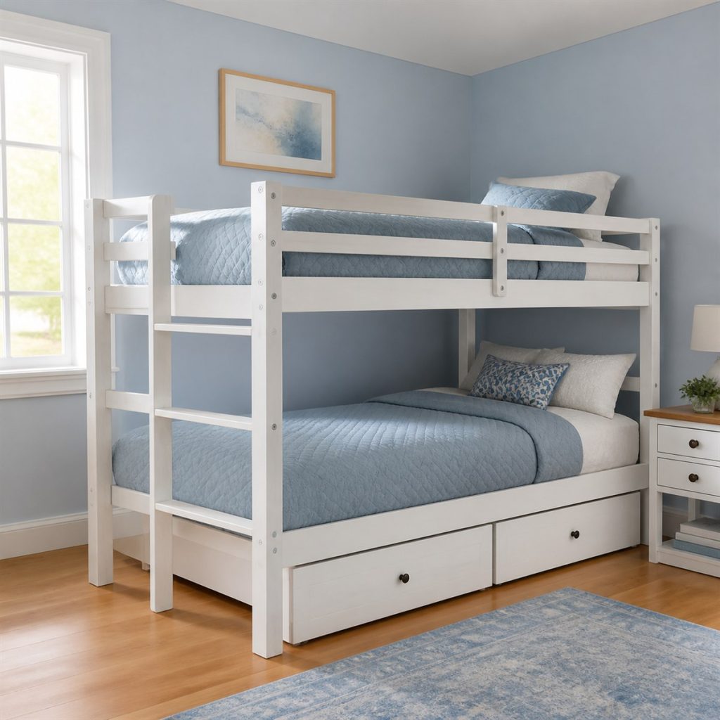 White Bunk with Integrated Drawer Base shown in a square photorealistic bunk bed drawer and trundle visualization
