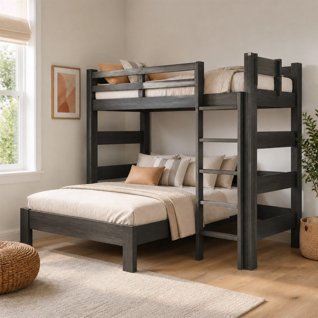 Dark Gray Bunk with Shelf-End Storage shown in a square photorealistic bunk bed drawer and trundle visualization