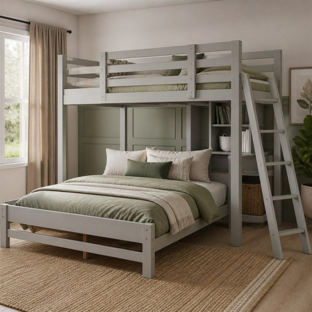 Soft Gray Loft over Full Bed shown in a square photorealistic bunk bed drawer and trundle visualization