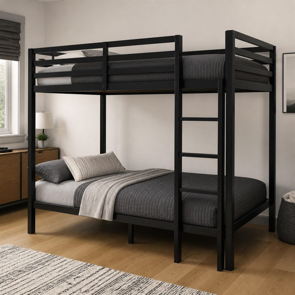 Black Metal Twin-over-Full with Open Base shown in a square photorealistic bunk bed drawer and trundle visualization