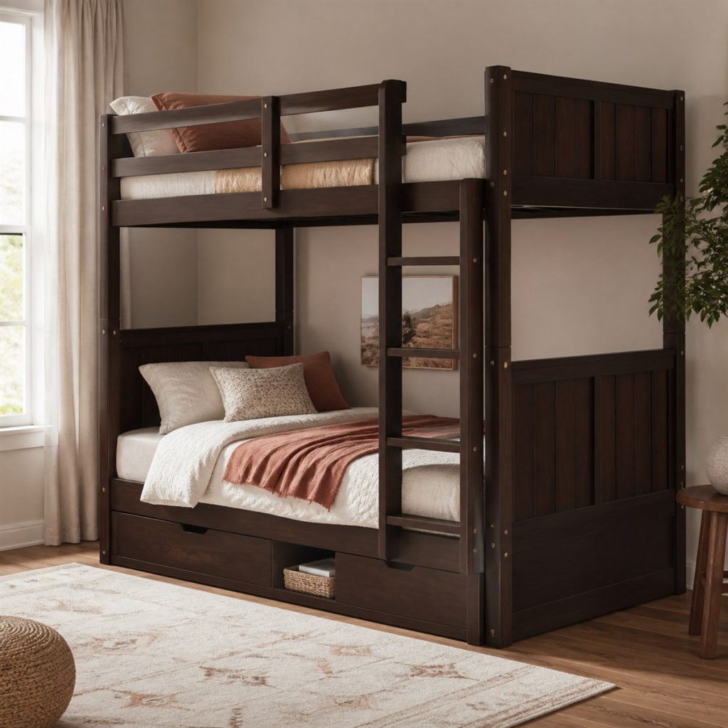 Walnut Bunk with Ladder and Wide Drawers shown in a square photorealistic bunk bed drawer and trundle visualization