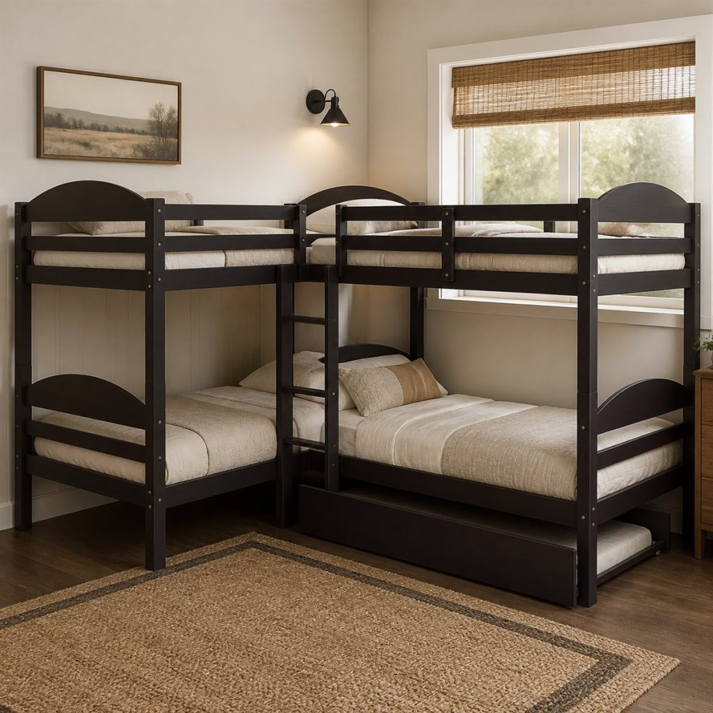Twin-over-Full Bunk for Mixed Ages shown as a square photorealistic shared bedroom bunk bed layout visualization