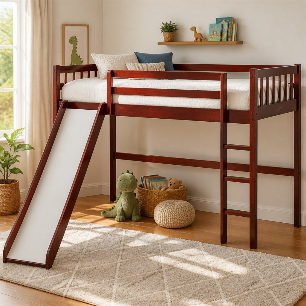 Corner Triple-Sleeper Bunk Layout shown as a square photorealistic shared bedroom bunk bed layout visualization