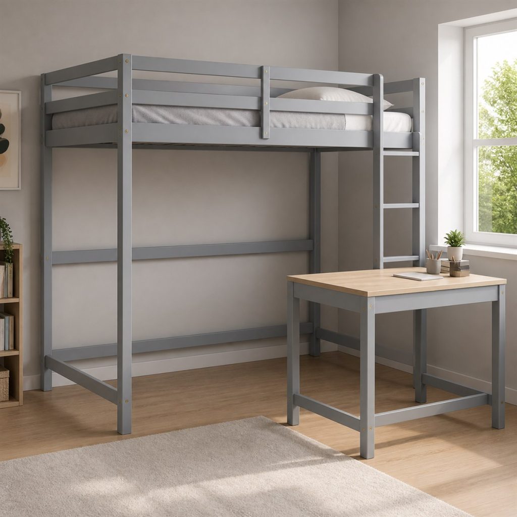 White Bunk with Two Personal Shelves shown as a square photorealistic shared bedroom bunk bed layout visualization