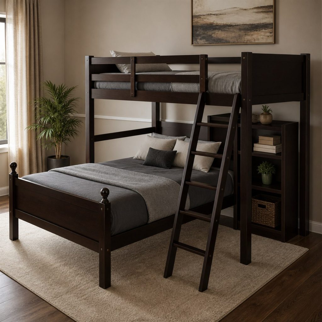 Oak Bunk beside a Shared Study Desk shown as a square photorealistic shared bedroom bunk bed layout visualization