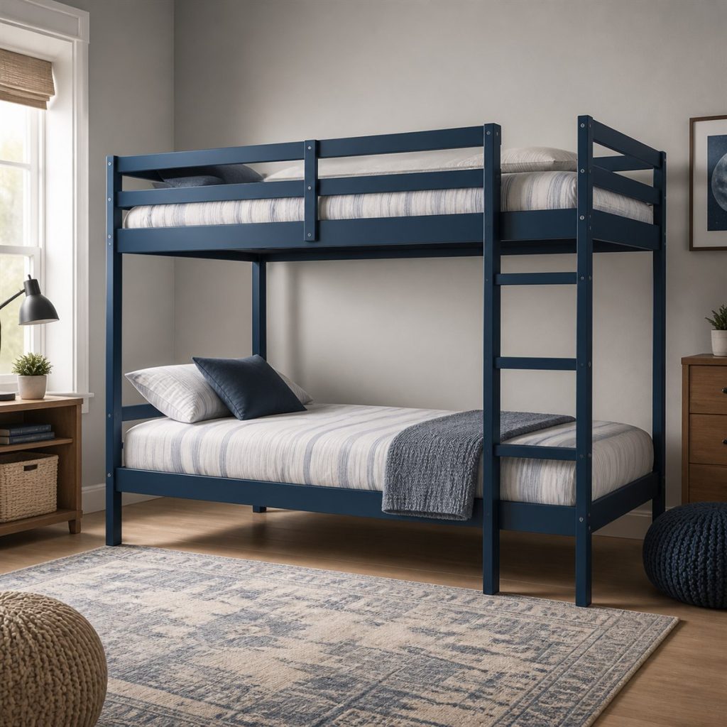 Offset Bunk with Separate Ladder Zone shown as a square photorealistic shared bedroom bunk bed layout visualization
