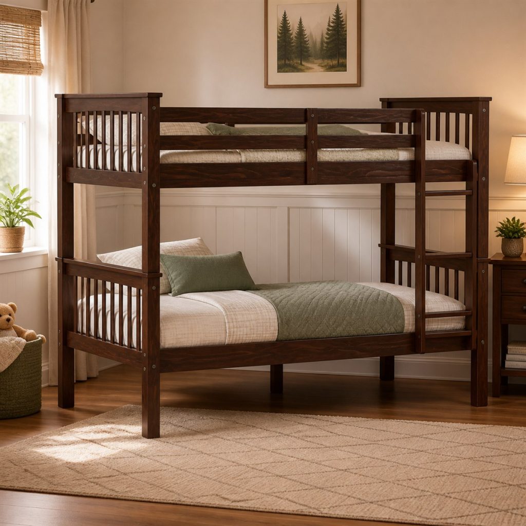 Gray Bunk with Dual Underbed Drawers shown as a square photorealistic shared bedroom bunk bed layout visualization