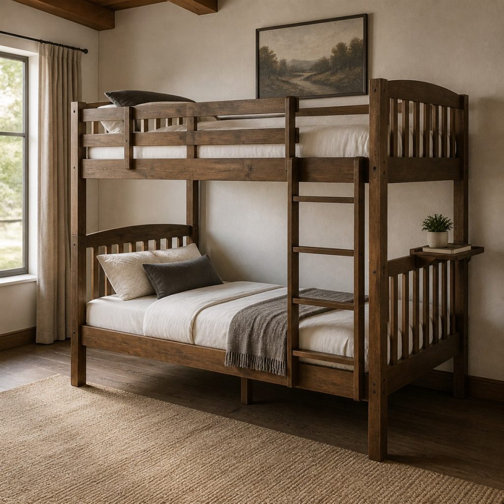 L-Shaped Bunk for a Wide Room shown as a square photorealistic shared bedroom bunk bed layout visualization
