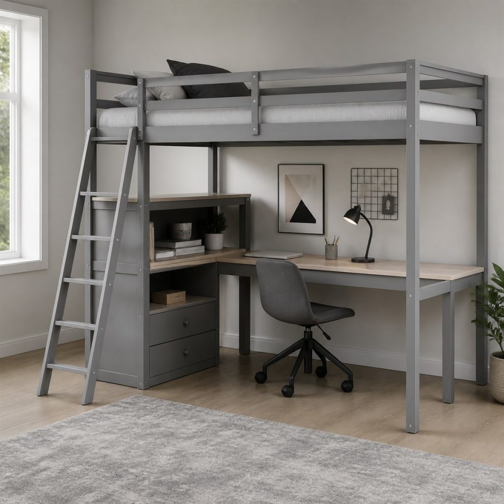Metal Bunk with Compact Night Shelves shown as a square photorealistic shared bedroom bunk bed layout visualization