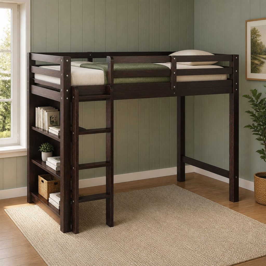 House Bunk with Divided Storage shown as a square photorealistic shared bedroom bunk bed layout visualization
