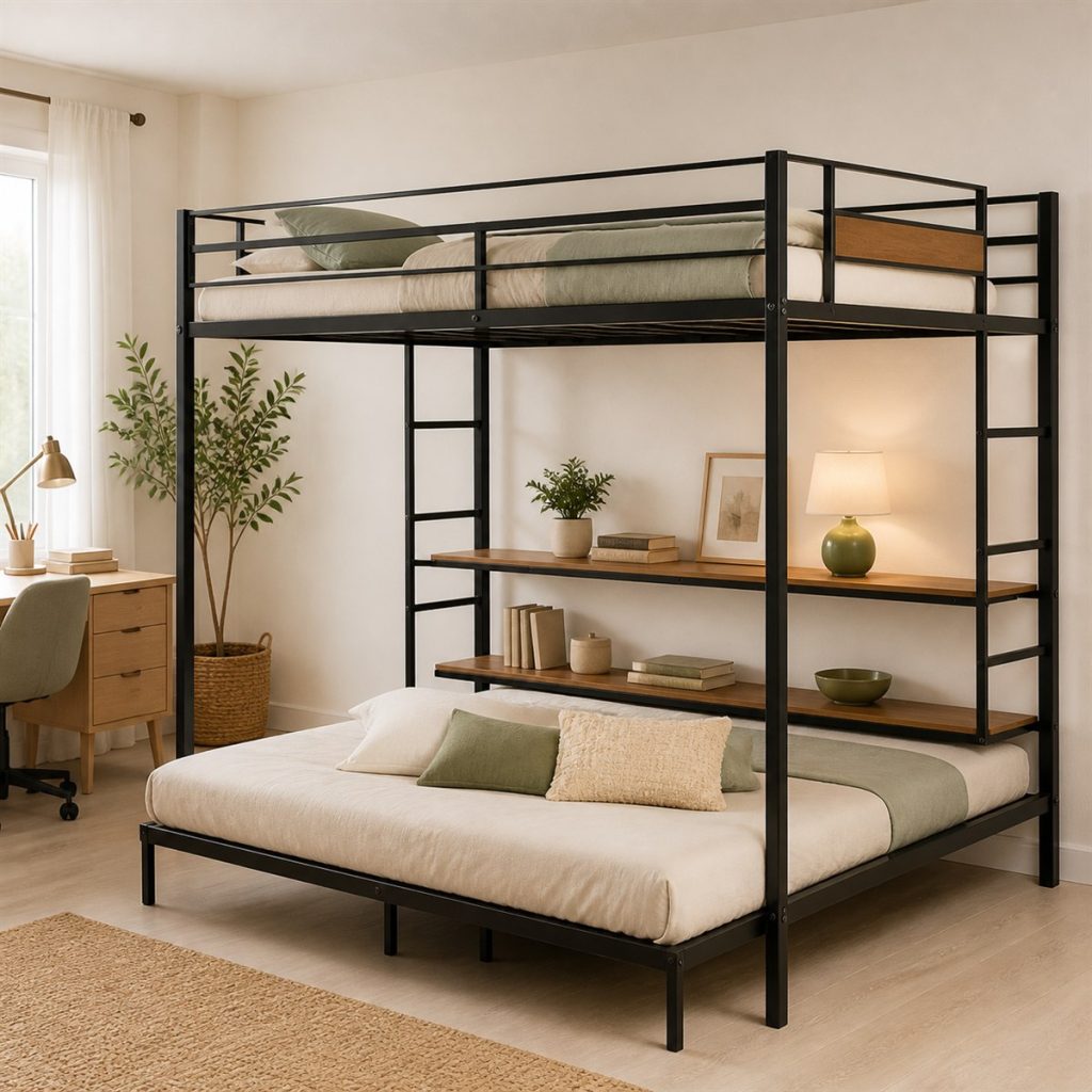 Black metal loft bed above a low daybed and display shelves
