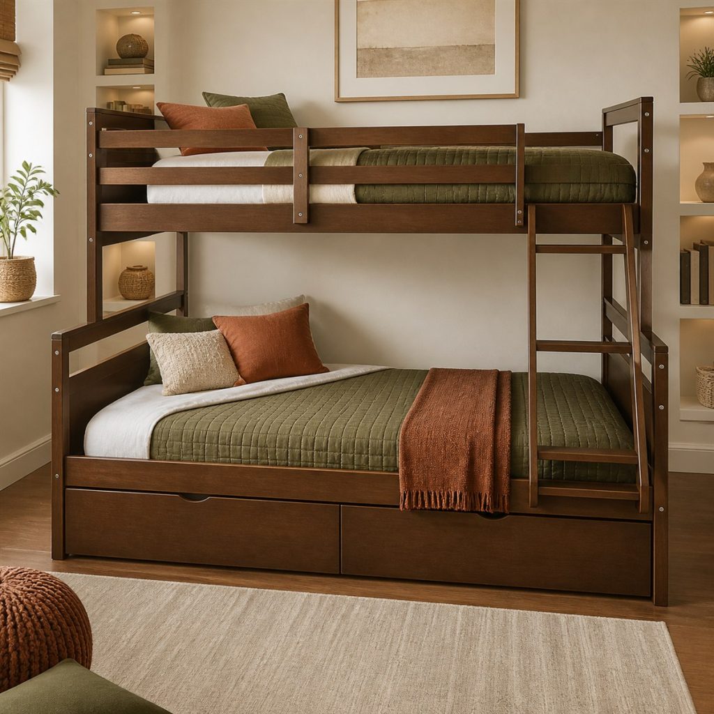 Warm wood bunk bed with centered storage drawers