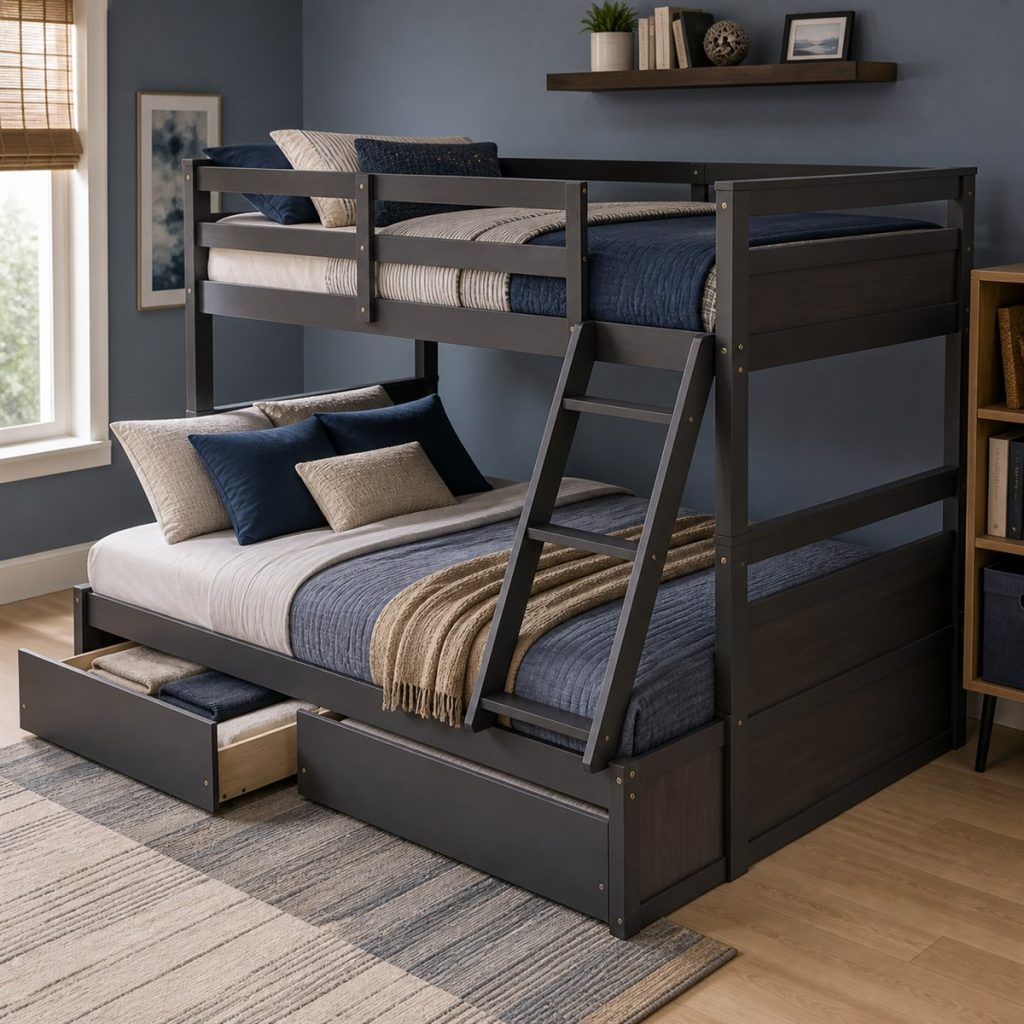 Navy twin-over-full bunk bed placed near a bright corner