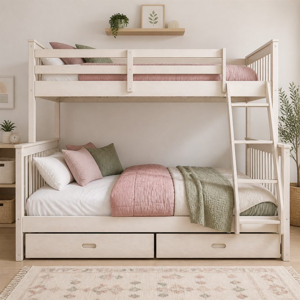 White bunk bed with two rolling drawers beneath the lower mattress