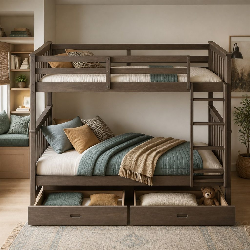 Taupe bunk bed with drawers holding toys below