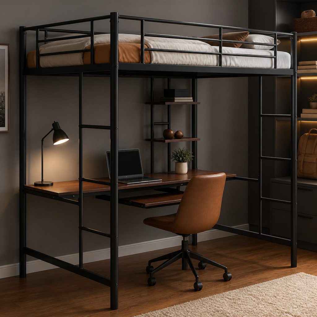 Black metal loft bed with desk and tall side cabinet