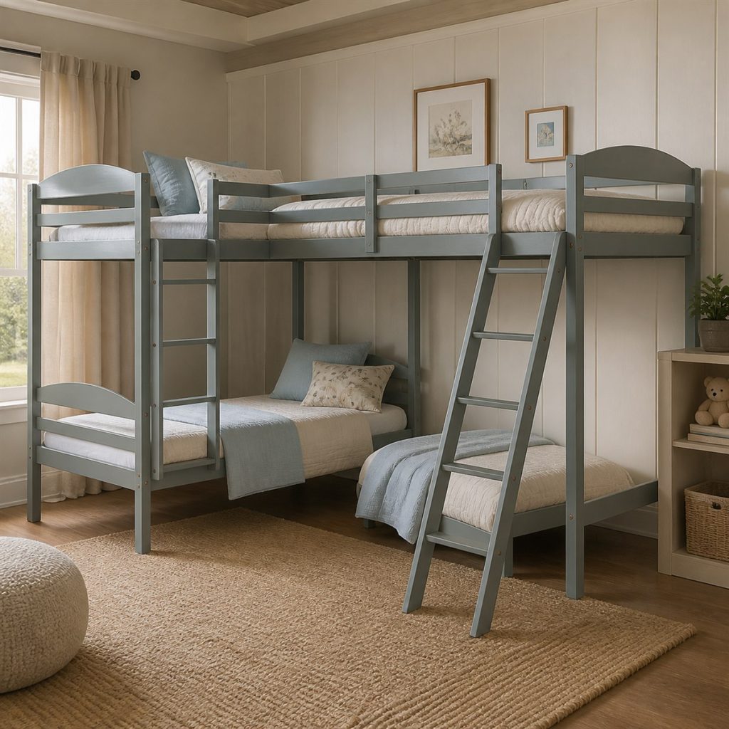 Gray triple bunk layout with two lower sleeping areas