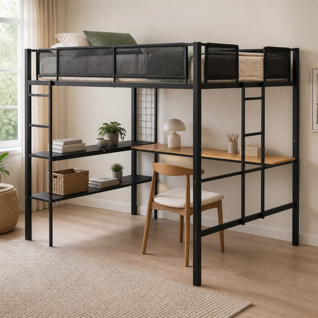 Black loft bed with long desk and open shelving below