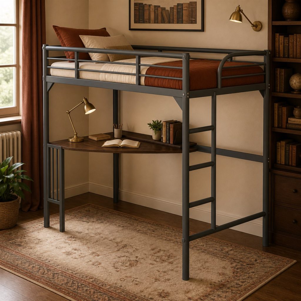 Rust-toned metal loft bed with desk beside built-in bookshelves