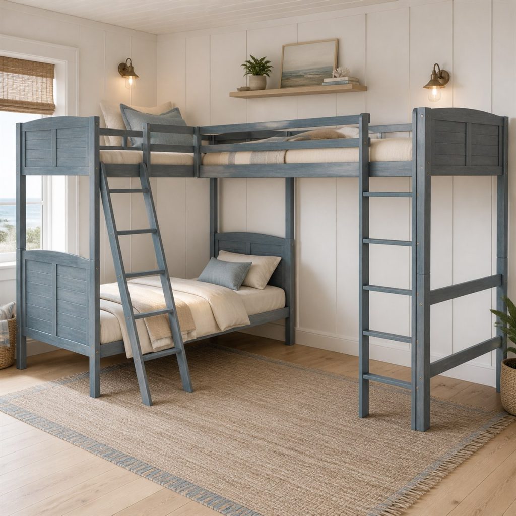 Gray corner bunk bed layout with three sleeping positions
