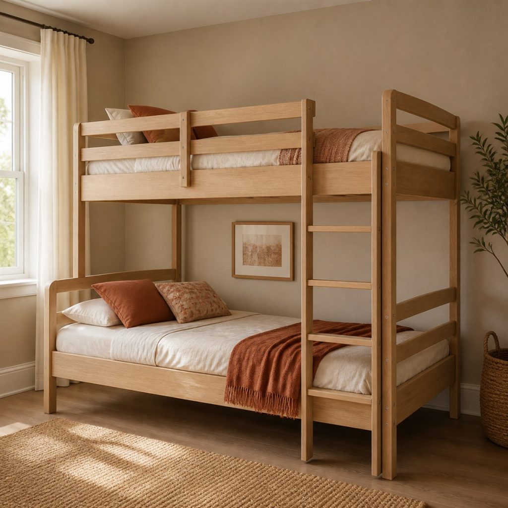 Oak Bunk with Bookcase End and Ladder shown in a square photorealistic bunk bed storage and ladder bedroom visualization