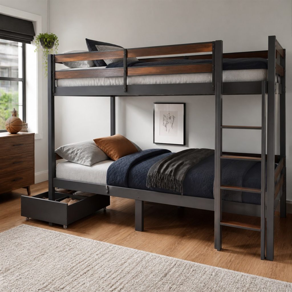 Gray Twin-over-Full with Drawer Base shown in a square photorealistic bunk bed storage and ladder bedroom visualization