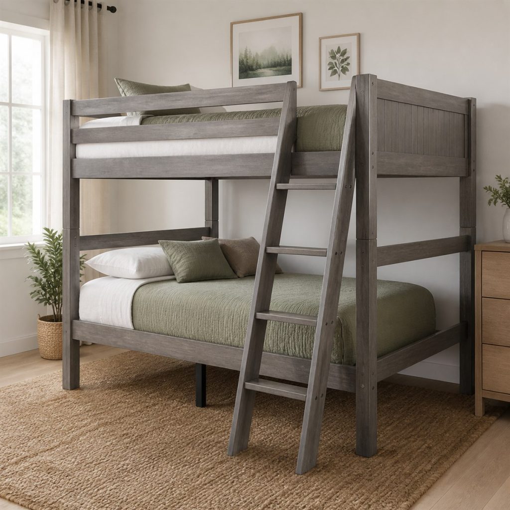 Walnut Loft with Storage Steps shown in a square photorealistic bunk bed storage and ladder bedroom visualization