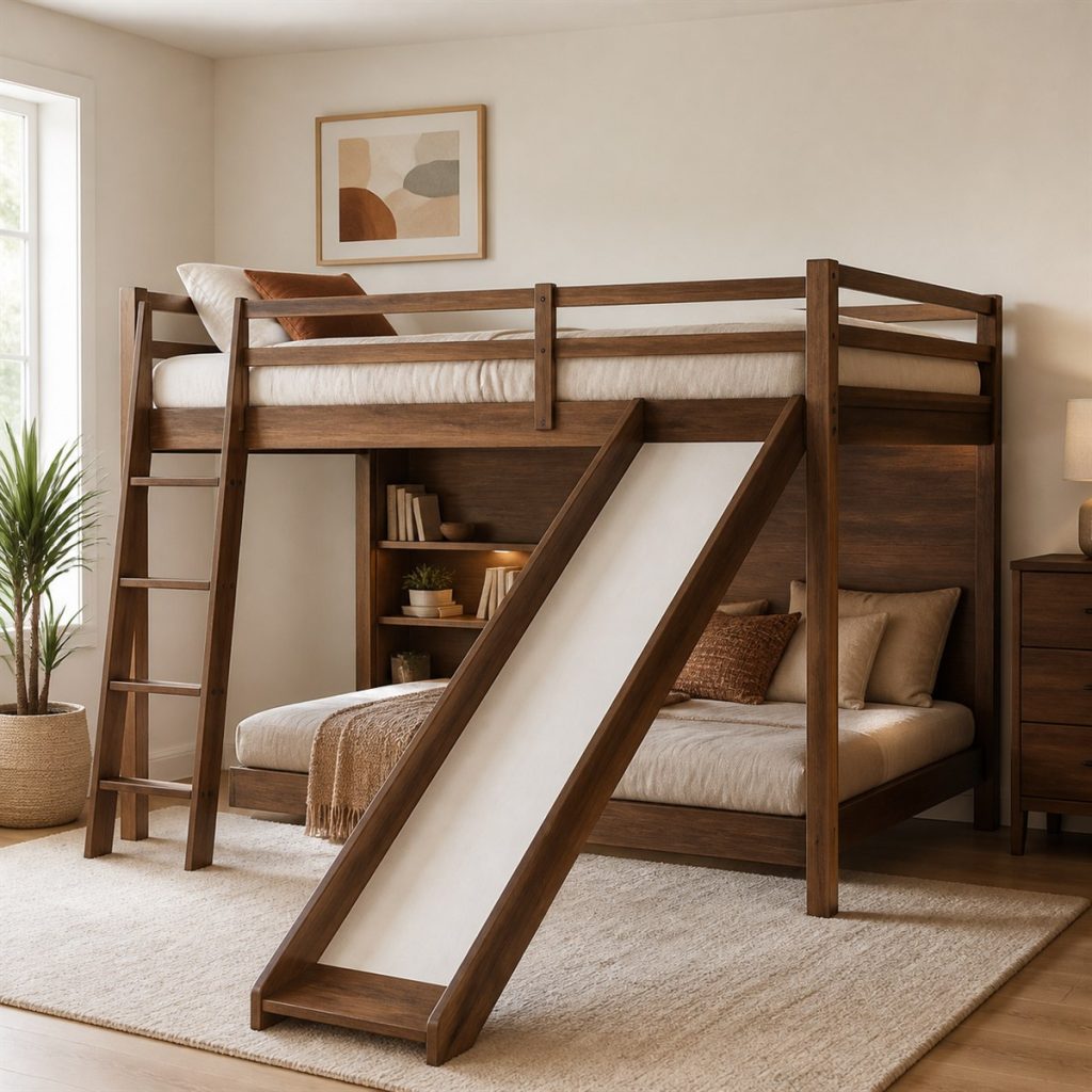 Natural Bunk with Rolling Trundle shown in a square photorealistic bunk bed storage and ladder bedroom visualization