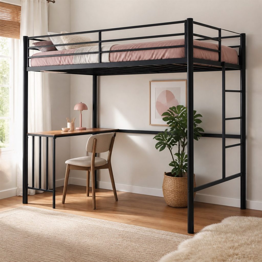 Charcoal Loft with Cabinet Storage shown in a square photorealistic bunk bed storage and ladder bedroom visualization
