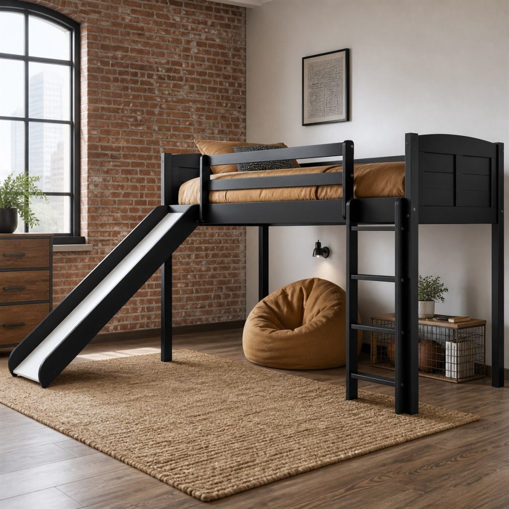 Two-Tone Bunk with Side Shelving shown in a square photorealistic bunk bed storage and ladder bedroom visualization