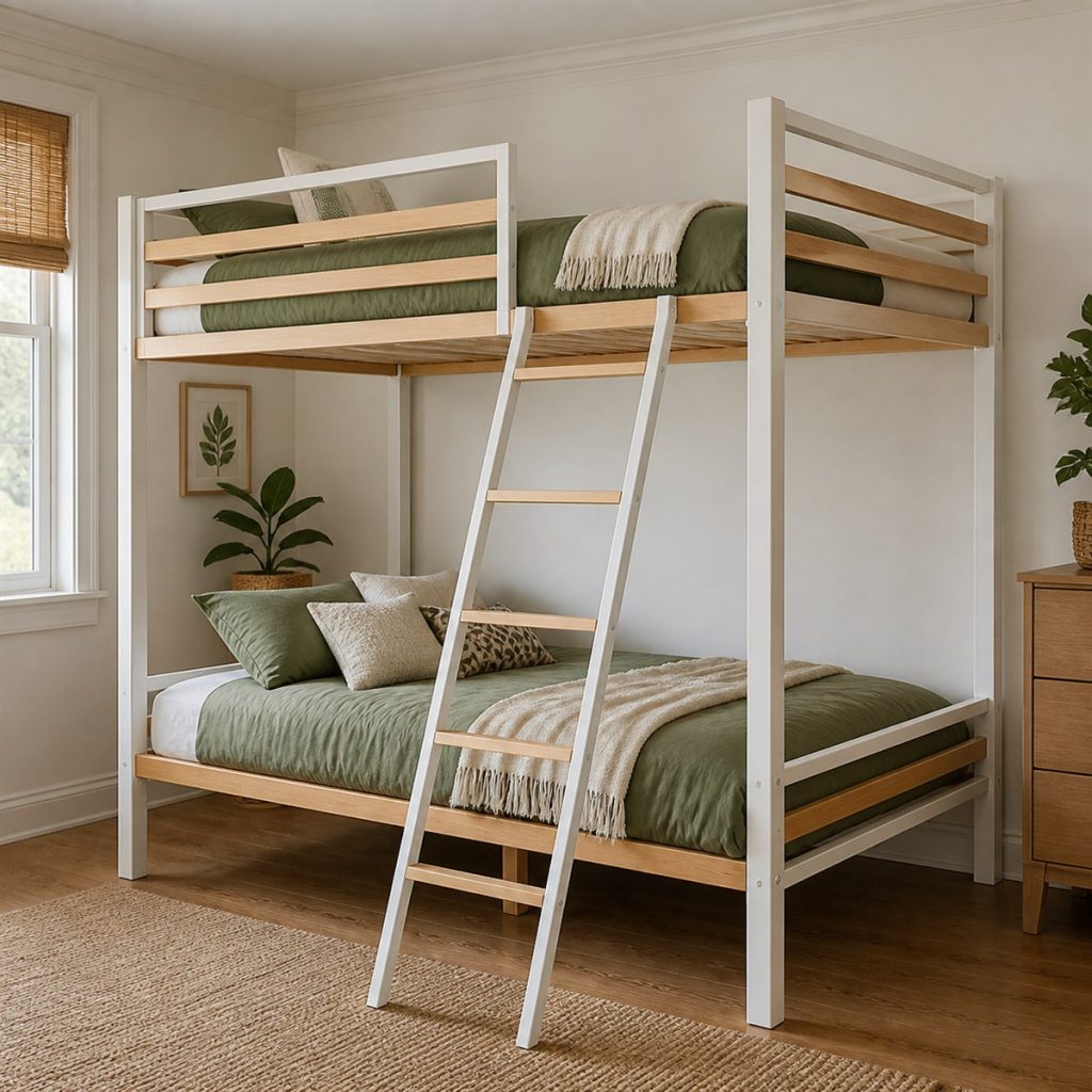 Espresso Bunk with Wide Drawer Fronts shown in a square photorealistic bunk bed storage and ladder bedroom visualization